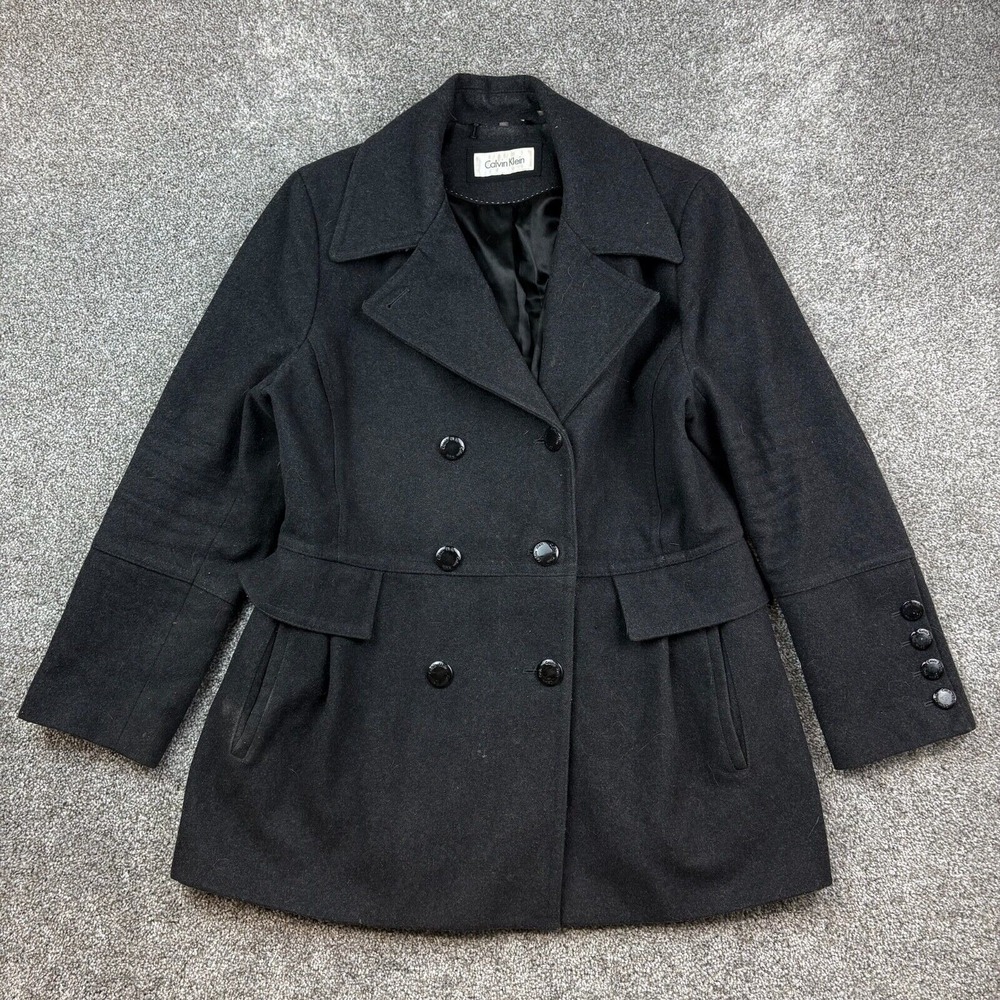Calvin Klein Pea Coat Women's Large Black Wool Blend Military Style Buttons Over